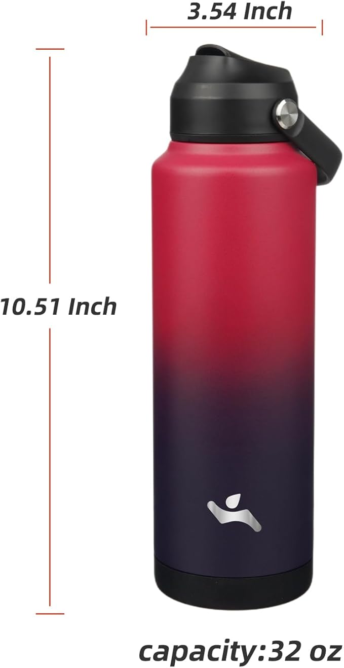 Insulated Water Bottle with Straw Lid,40 oz Stainless Steel Vacuum Metal Bottle with Silicone Handle,Rosy Red