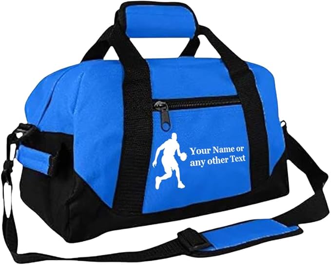 Personalized Passion 14” Small Sports Duffel Bags for Kids - Waterproof Travel Duffle with Name & Basketball Design - Royal Blue Two-Toned Kids Weekender Bag for Boys and Girls