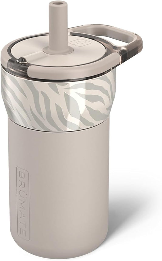 BrüMate Leap 12oz 100% Leakproof Kids Tumbler with Handle and Silicone Soft Straw | Drop Resistant Silicone Sleeve | For Kids 4+ | Insulated Stainless Steel | Cup Holder Friendly | 12oz (Zebra)
