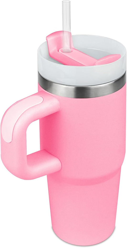 14 oz Tumbler with Handle and Straw, Mini 14oz Tumbler with Lid and Straw for Kids Stainless Steel Tumblers, Car Mug Outdoor Sports Travel School Gift (Pink)