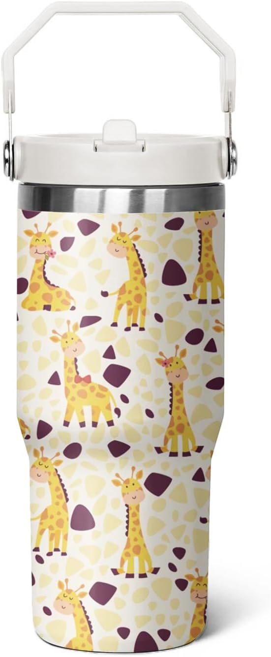 30 oz Giraffe Tumbler with Lid and Flip Straw, Stainless Steel Cup, Coffee Travel Mug, Giraffe Gifts, Decor Accessories