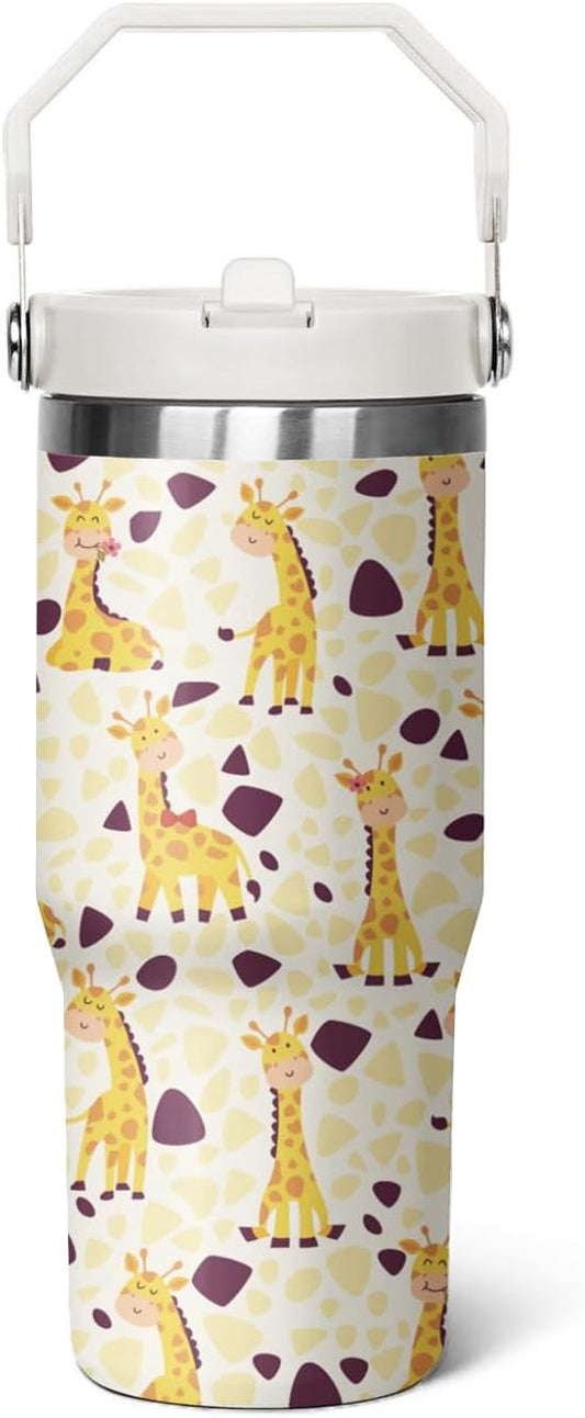 30 oz Giraffe Tumbler with Lid and Flip Straw, Stainless Steel Cup, Coffee Travel Mug, Giraffe Gifts, Decor Accessories