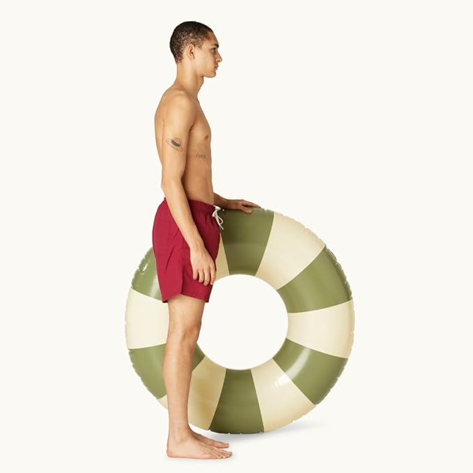 Petites-Pommes Inflatable Float for Adults - Durable Inner Tube, Handprinted Classic Striped Design Ring Float, Soft Comfort Seaming, Packable Floats for Travel, Military Green, 47 inch