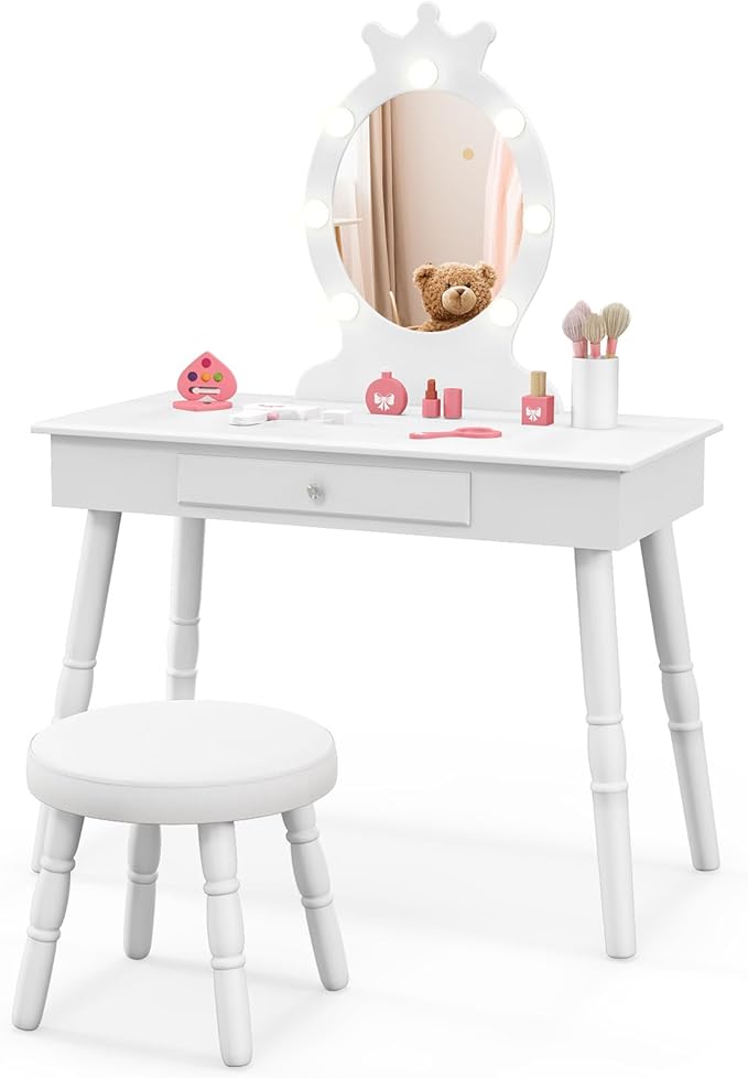 HONEY JOY Kids Vanity with Lights, Princess Wooden Makeup Table & Stool with Drawer, 3-Color LED Lights, Toddler Dressing Vanity for Little Girls, Pretend Play Kids Vanity Table and Chair Set (White)