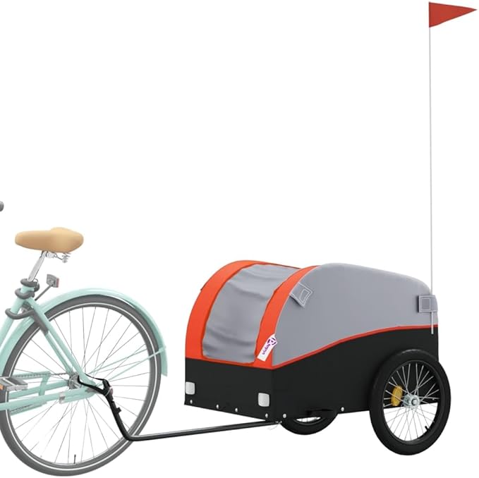 Bike Wagon Trailer, Bike Cart with Safety Flag, Bike Trailer Bicycle Cargo Trailer, Black and Orange 99.2 lb Iron, 52.4"x26.8"x26.8"