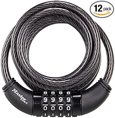 Master Lock Black Set Your Own Combination Bike Lock, Metal Cable Lock has a Weather Resistant Vinyl Coating for Outdoor Equipment, Bicycles, 6 Feet Long, 8114D (Pack of 12)