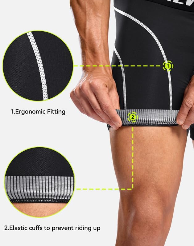 Bikewa Men's Cycling Underwear with Anti-Slip Leg Grips 4D Padded Bike Shorts MTB Liner for Bicycle Biking Riding