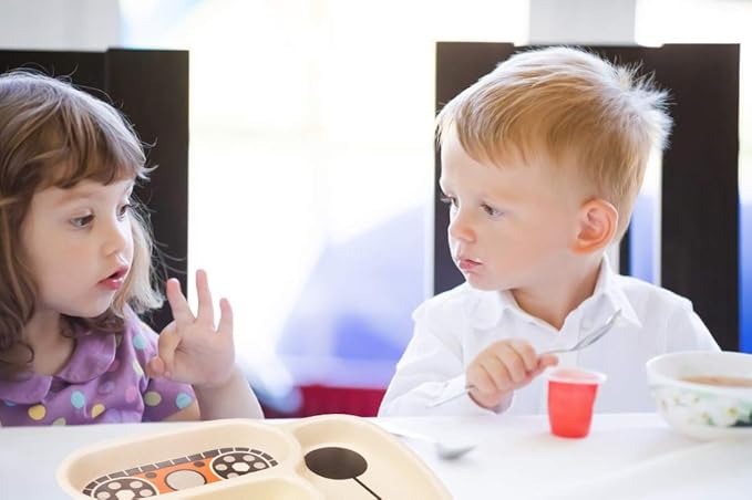 Kid Plate Set Bamboo Toddler Plates Dinnerware Dinner Dish Set Baby Feeding Spill Proof Divided Plate - Baby Spoon and fork 3-Piece Set for Kids and Toddlers Teaches Child Portion Control