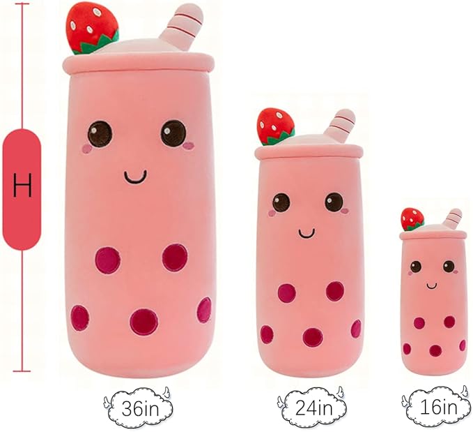 Cute Plushies Plush Plushie Long Strawberry Pillow Bubble Tea Stuffed Animal Gift for Kids Adults (Long Pink Plush,36 Inch)