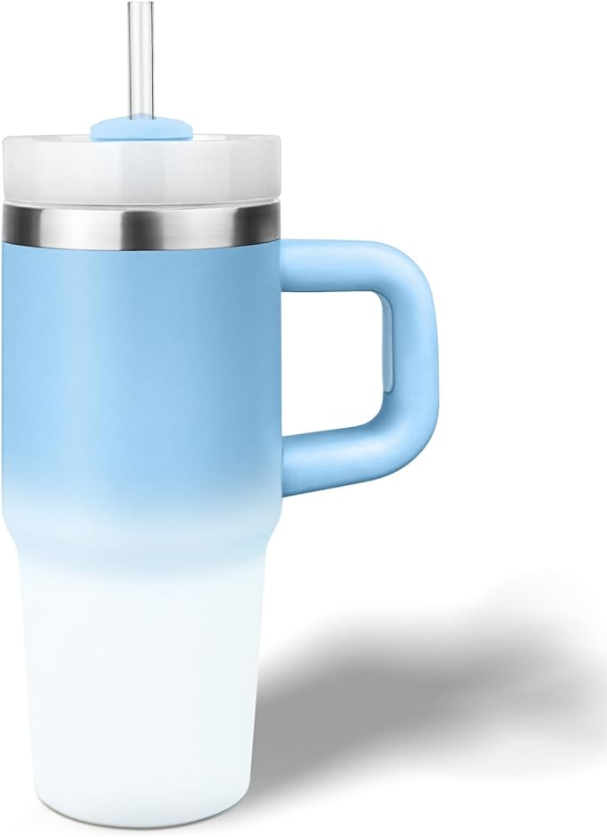 14 oz Tumbler with Handle and Straw, 14oz Toddler Tumbler with Lid and Straw for Kids Stainless Steel Tumblers, Outdoor Sports Travel School Gift, Keeps Drinks Cold (Gradient bluewhite)