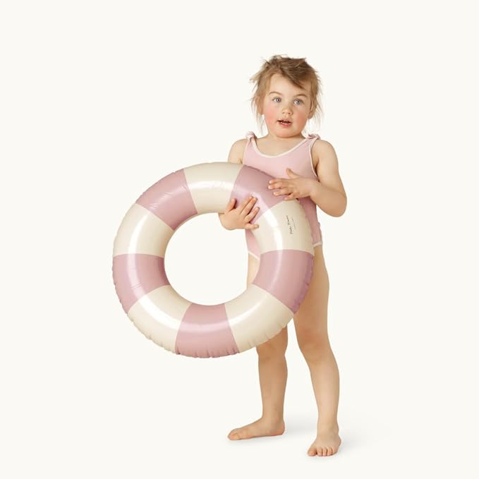 Petites-Pommes Donut Pool Float for Kids & Toddlers - Durable Inner Tube, Handprinted Classic Striped Design Swimming Tube, Soft Comfort Seaming, Packable Floats for Travel, Baby Pink, 24 inch