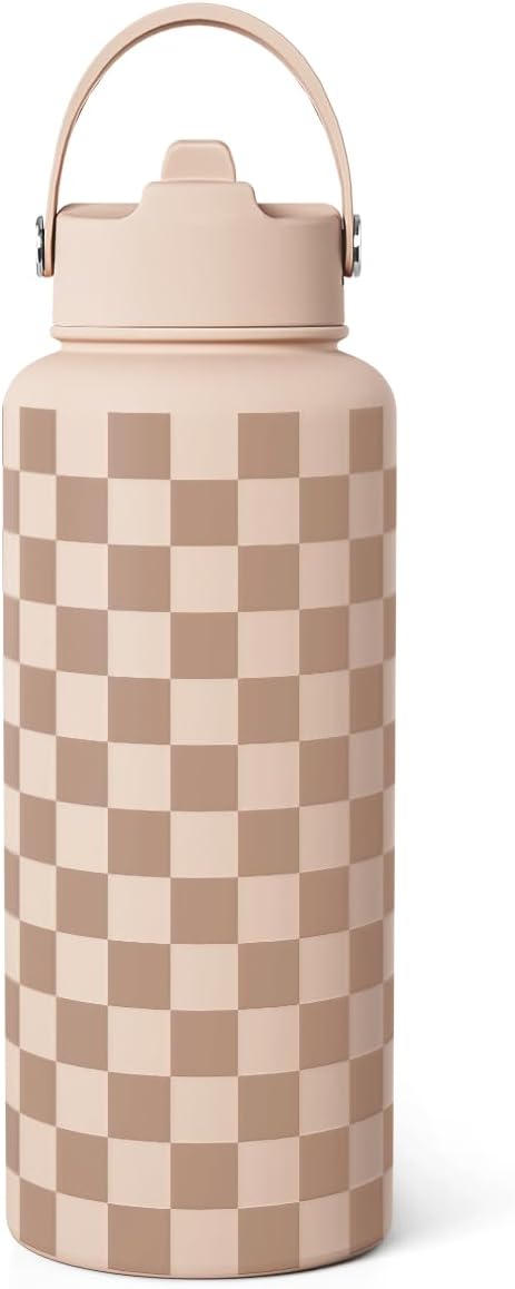 Checkerboard Water Bottle 32oz Stainless Steel with Lid & Straw, Beige Checker Insulated Bottles for Women Girls, Gift Idea for Christmas Birthday