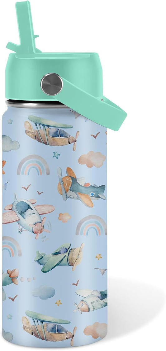 Airplane Gifts - 16oz Kids Blue Airplane Water Bottle with Straw Lid, Stainless Steel Insulated Tumbler, Leakproof, BPA-Free, for Boys, School, Travel - Helicopter Pilot Lovers Birthday Gift Cup (1pc)