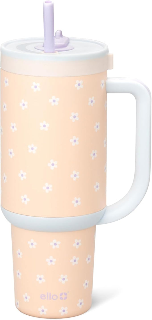 Ello Oasis 30 oz Tumbler with Handle & Retracting Straw | Reusable Insulated Stainless Steel Cup 100% Leakproof, Gifts for Teens Women Men | Keeps cold for 24 Hours, Cup Holder Friendly, Daisies