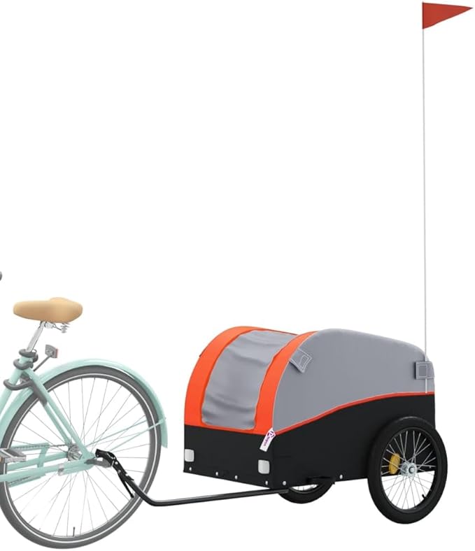 Bike Wagon Trailer, Bike Cart with Safety Flag, Bike Trailer Bicycle Cargo Trailer, Black and Orange 99.2 lb Iron, 49.6"x24.8"x24.8"