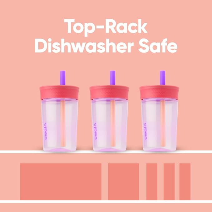 Owala Kids BPA-Free Plastic Tumbler with Spill Resistant Flexible Straw, Easy to Clean, Kids Water Bottle, Great for Travel, Dishwasher Safe, 15 Oz, Pink and Purple (Lilac Rocket)