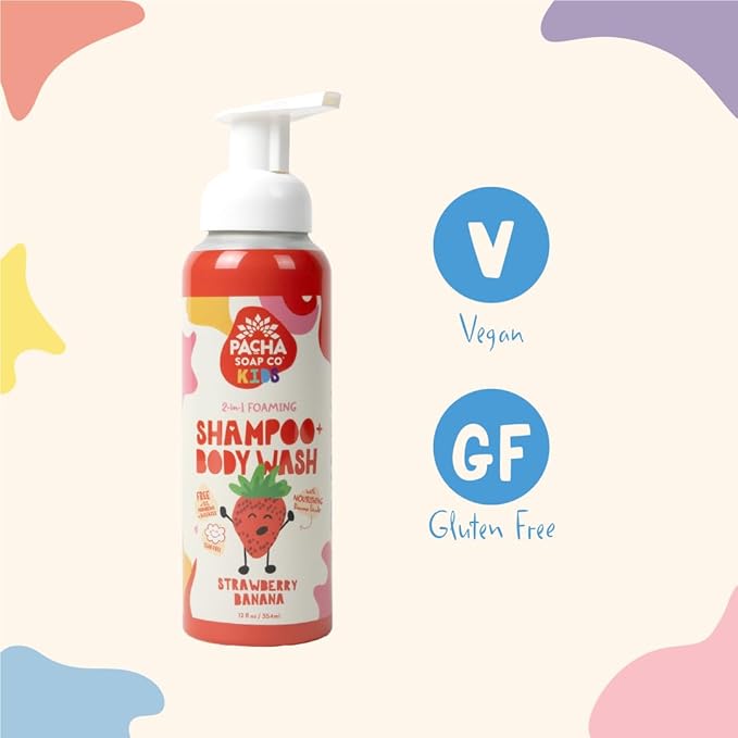 Pacha Soap Co. Kids Foaming Shampoo & Body Wash, Strawberry Banana - Tear-Free, Plant-Based, Vegan, Nourishing, Moisturizing, Vitamin-Rich, Non-Toxic 2-in-1 Cleanser, Recyclable, Made in USA, 2-Pack