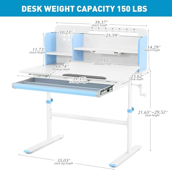 COSVALVE 39in Wide Adjustable Height Kids Desk with Tilting Desktop, Steel Frame, Drawer, and Bookshelf Hutch, Study Child Table for Ages 3-12, Blue