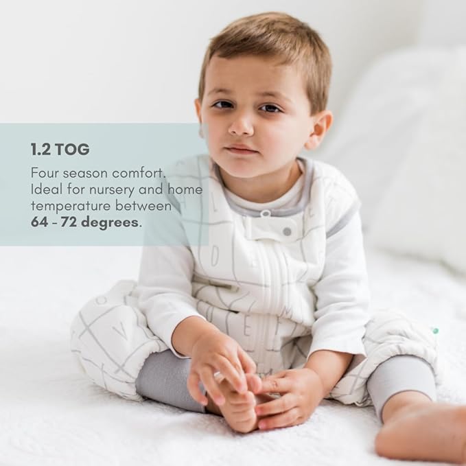 Tealbee Dreamsuit Toddler Sleep Sack with Feet – Walker Sleep Bag with Legs, Rayon made from Bamboo, All Season 1.2 TOG, 2-Way Zipper, 12m-2T - Alphabet