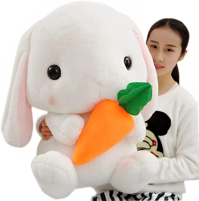 HOUPU Soft Toy - Sitting Lop Eared Rabbit, Easter White Rabbit Stuffed Bunny Animal with Carrot Soft Lovely Realistic Long-Eared Standing Pink Plush Toys (White-Carrot,12.5in/32cm)