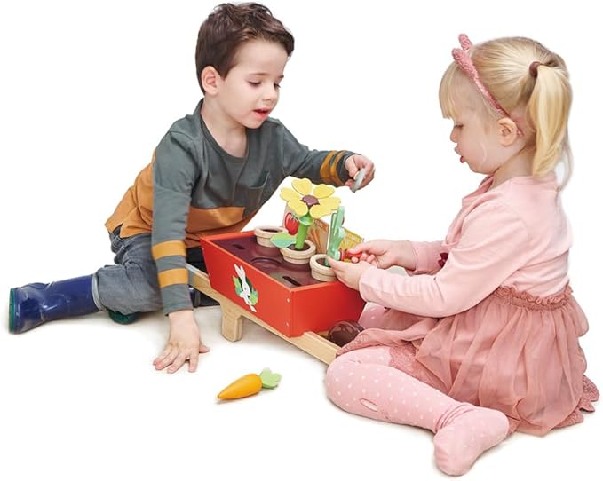 Tender Leaf Toys - Garden Wheelbarrow Set - Deluxe Garden Pretend Play Wooden Toy Set for Gardening - Educational, Creative and Imaginative Fun in Garden for Children 3+