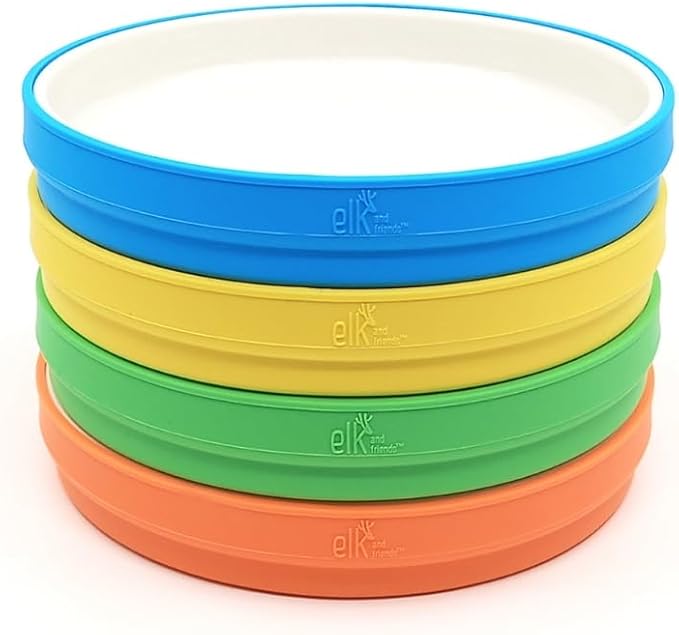Elk and Friends Kids 7.8” Porcelain White Plates with Silicone Sleeves | Suitable for Babies/Toddlers | Microwave & Dishwasher Safe | Non Slip Dinnerware | Snack Dishes | 4 Pack