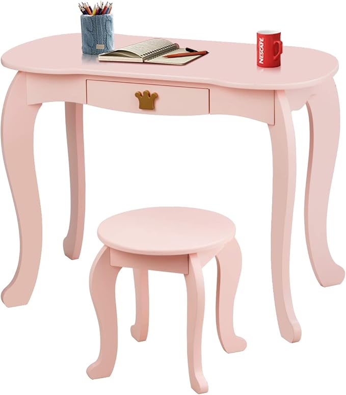 Costzon Kids Vanity Table and Chair Set, Princess Makeup Dressing Table with Drawer & Tri-Folding Mirror, 2 in 1 Vanity Set with Detachable Top, Pretend Beauty Play Vanity Set for Girls (Pink)