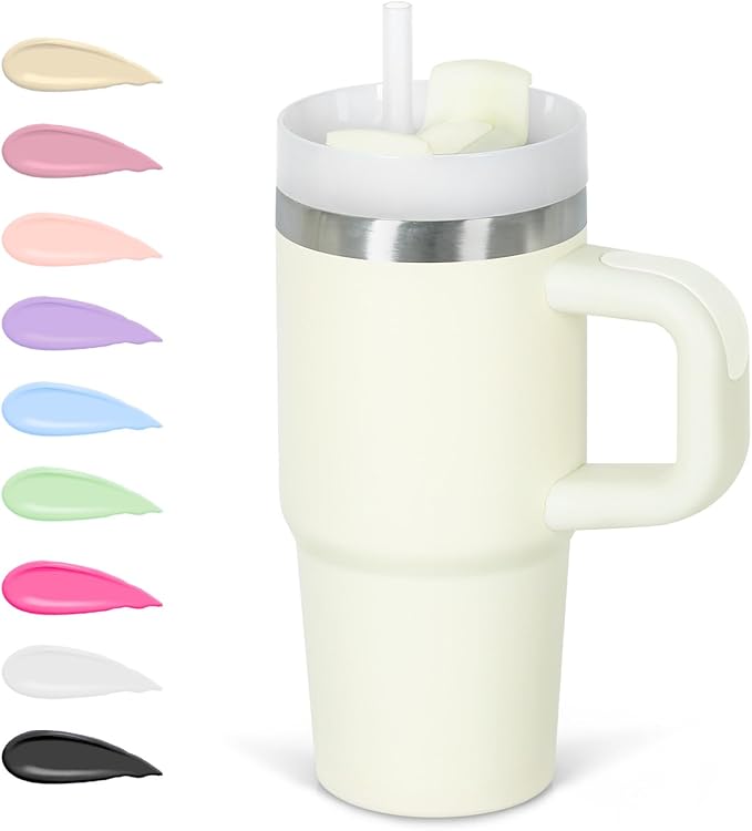 Cosictic 14 Oz Tumbler with Handle and Straw for Kids, Stainless Steel Double Wall Vacuum Insulated Cup for Children, 14 Oz Cups for Kids (Cream)