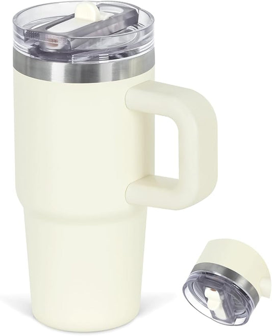 Cosictic 14 Oz Flip Straw Tumbler with Handle for Kids, Stainless Steel Double Wall Insulated Cup for Children with Flip Top Lid, 14 Oz Leak-proof Cups for Kids, Cream