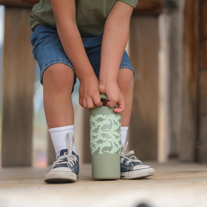 HydroJug Kids 14 oz Sport Water Bottle – Stainless Steel, Insulated, 100% Leakproof, With Carry Handle, BPA-Free – Kid-Friendly Design – Durable & Dishwasher Safe, Dinosaur