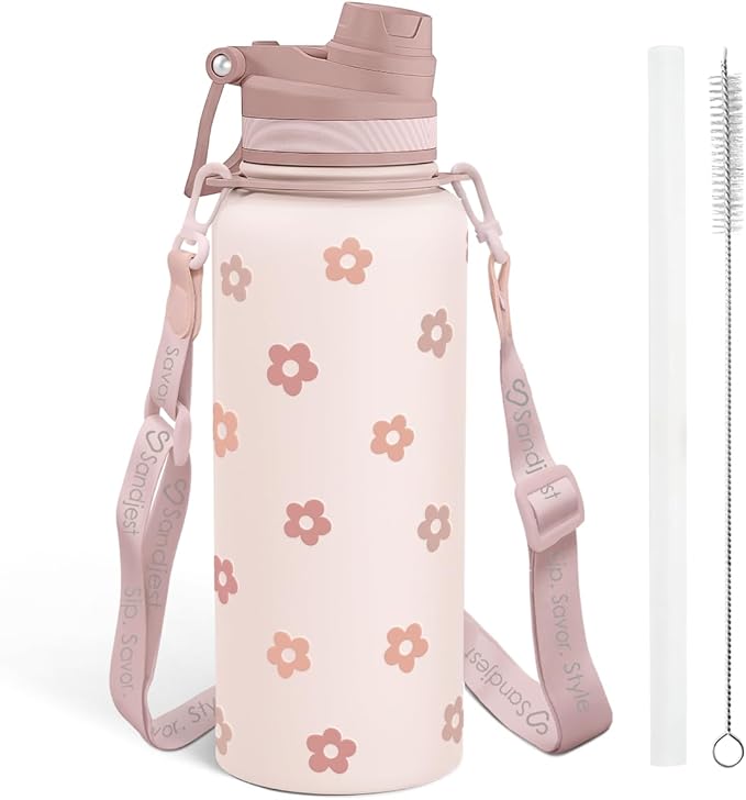 SANDJEST Beige Daisy Stainless Steel Water Bottle with Strap 32oz, Insulated Bottles with Straw and Spout Lid for Gym Sports Travel Outdoor, Gifts for Women Girls Birthday Christmas