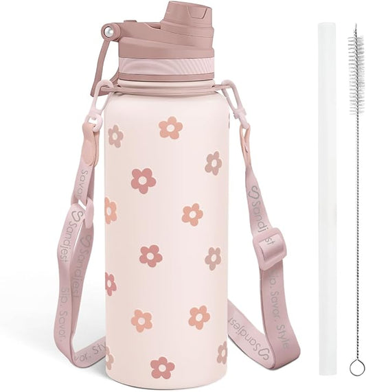 SANDJEST Beige Daisy Stainless Steel Water Bottle with Strap 32oz, Insulated Bottles with Straw and Spout Lid for Gym Sports Travel Outdoor, Gifts for Women Girls Birthday Christmas