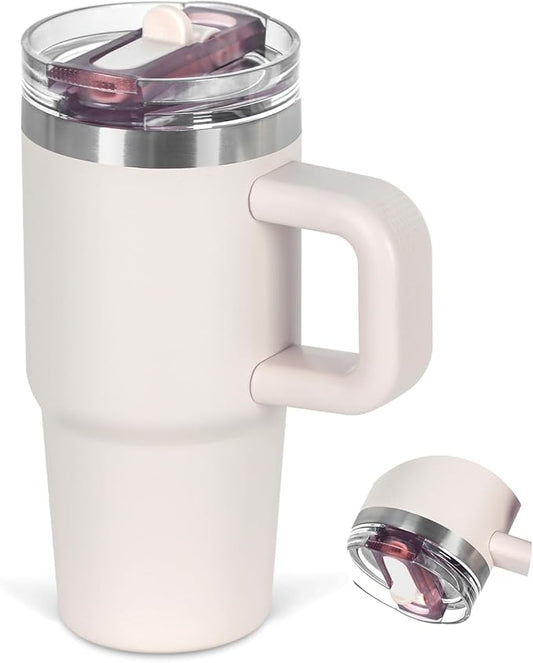 Cosictic 14 Oz Flip Straw Tumbler with Handle for Kids, Stainless Steel Double Wall Insulated Cup for Children with Flip Top Lid, 14 Oz Leak-proof Cups for Kids,Rose Quartz