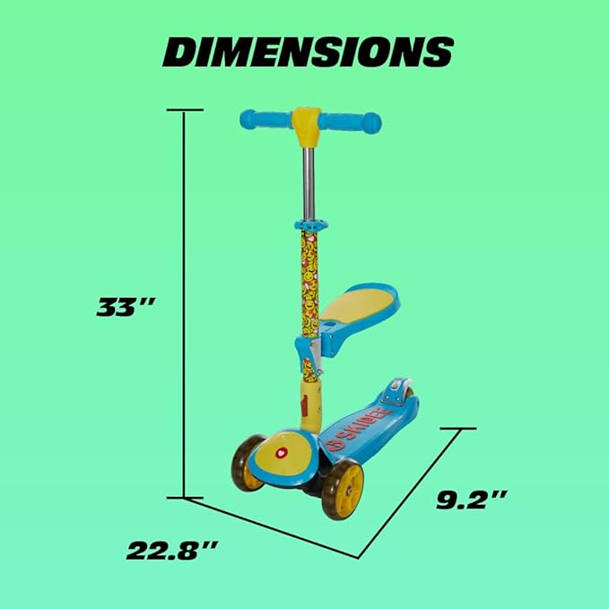 SKIDEE Kick Scooters for Kids Ages 3-5, Adjustable Height Foldable Scooter with Removable Seat, 3 LED Light Wheels, Rear Brake, Wide Standing Board, Suitable Up to 12 Year Old Boys/Girls