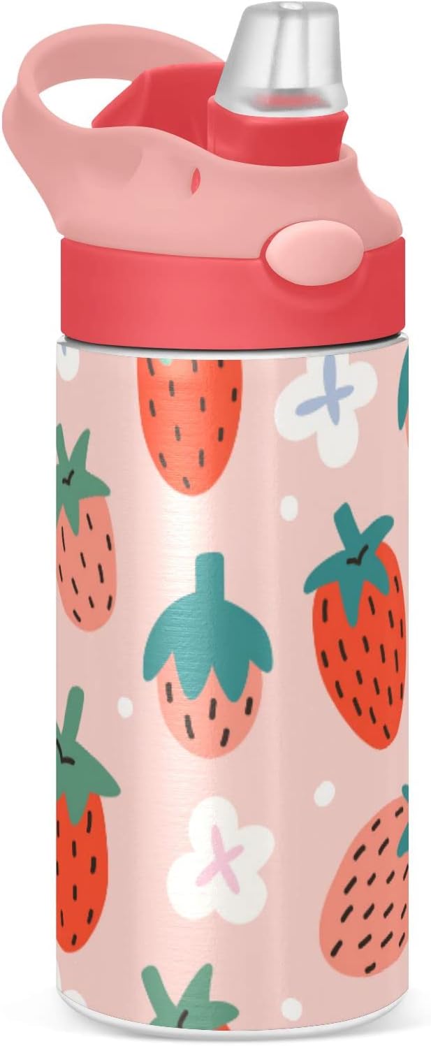 Kigai Black & White Cow Print Kids Water Bottle with Straw Lid, Vacuum Insulated Stainless Steel Double Walled Leakproof Tumbler Travel Cup for Girls Boys Toddlers, 12 oz