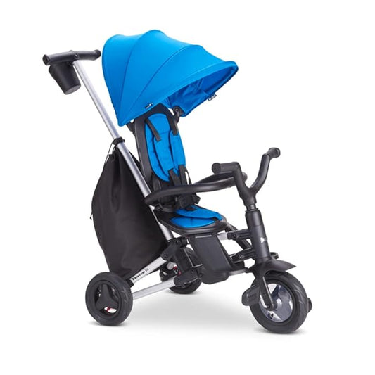 Joovy Tricycoo UL Kids Tricycle with 8 Stages Featuring 3 Rubber Tires, Removable and Adjustable Parent Handle, Safety Harness, 3-Position Recline Seat, and Retractable Canopy, Blueness