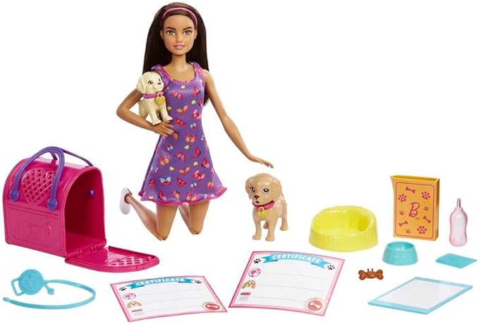 Barbie Pup Adoption Doll & Accessories Set with Color-Change, 2 Pets, Carrier & 10 Accessories, Brunette in Purple Dress