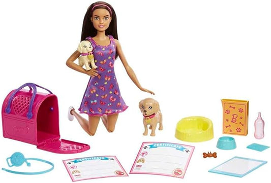 Barbie Pup Adoption Doll & Accessories Set with Color-Change, 2 Pets, Carrier & 10 Accessories, Brunette in Purple Dress