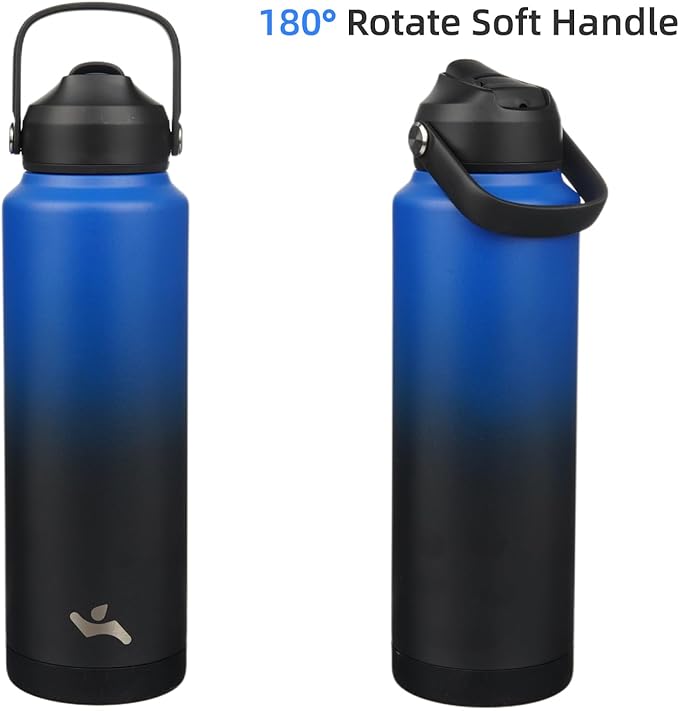 Insulated Water Bottle with Straw Lid,40 oz Stainless Steel Vacuum Metal Bottle with Silicone Handle,Black Blue