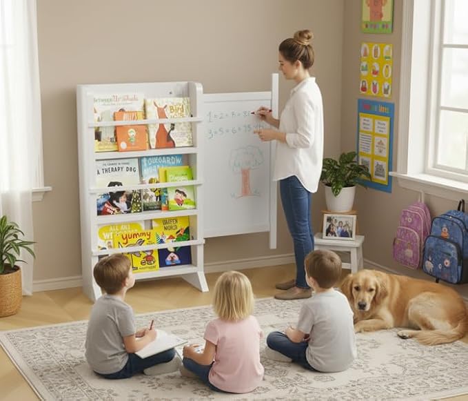 Kids Bookshelf - Baby Book Shelf for Kids Room with Montessori Furniture Sliding Whiteboard, Dry Erase Markers - Wooden Bookshelf for Kid Toddler, Nursery Bookcase for Classroom Bedroom