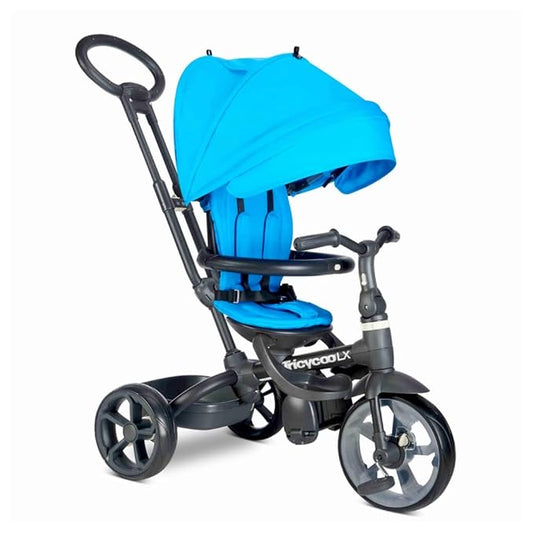 Joovy Tricycoo LX Premium Kids Tricycle with 8 Stages Featuring Chunky Front Tire, Removable and Adjustable Parent Handle, Safety Harness, Machine-Washable Seat Pad, and Retractable Canopy, Glacier