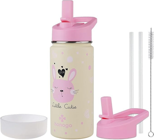 16 oz Stainless Steel Insulated Kids Water Bottle, Leak Proof Metal Thermal Flask with Straw lid, Cute Toddler Tumbler Cup for School Girls & Boys (Pink, Bunny)