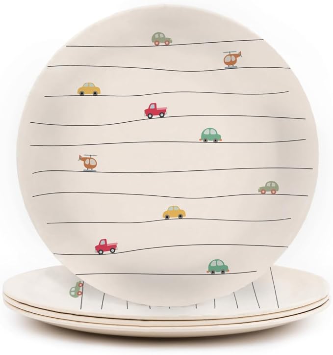 Nook Theory 4 Pack Reusable Bamboo Plates - Non-Toxic Plate, Dishwasher Safe, Not Microwavable Dinnerware (Vroom 8")