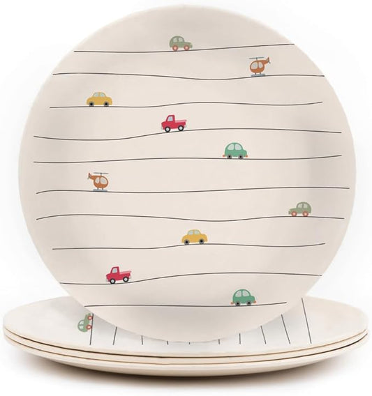 Nook Theory 4 Pack Reusable Bamboo Plates - Non-Toxic Plate, Dishwasher Safe, Not Microwavable Dinnerware (Vroom 8")