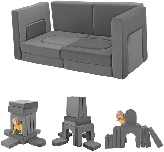 12Pcs Modular Kids Play Couch Multifunctional Foam Toddler Sofa Convertible Kids Sofa Playroom Bedroom Furniture Floor Foam Explorer Couch with Building Fort Feature for Boys and Girls (dark gray)