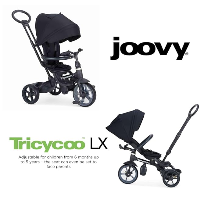 Joovy Tricycoo LX Premium Kids Tricycle with 8 Stages Featuring Chunky Front Tire, Removable and Adjustable Parent Handle, Machine-Washable Seat Pad, and Retractable Canopy, Black, 1 Count (Pack of 1)
