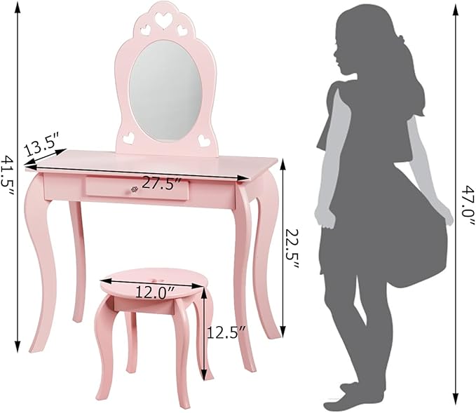 HONEY JOY Kids Vanity Set with Mirror, Toddler Wooden Vanity Table with Stool & Drawer, Removable Top, Princess Pretend Play Beauty Makeup Dressing Table Playset for Little Girls(Pink)