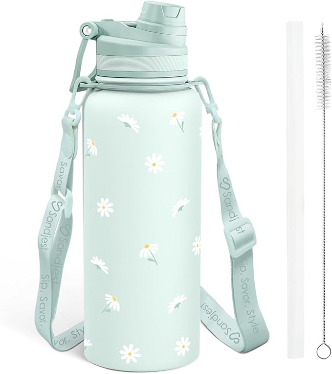 SANDJEST Mint Daisy Stainless Steel Water Bottle with Strap 32oz, Insulated Bottles with Straw and Spout Lid for Gym Sports Travel Outdoor, Gifts for Women Girls Birthday Christmas