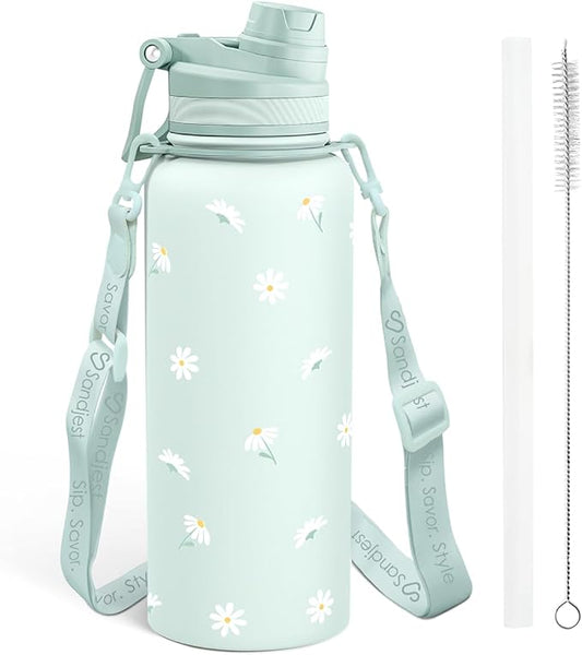 SANDJEST Mint Daisy Stainless Steel Water Bottle with Strap 32oz, Insulated Bottles with Straw and Spout Lid for Gym Sports Travel Outdoor, Gifts for Women Girls Birthday Christmas