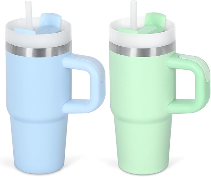 Cosictic 2 Pack 14 Oz Tumbler with Handle and Straw for Kids, Stainless Steel Double Wall Vacuum Insulated Cup for Children, 14 Oz Cups for Kids (Sky Blue, Green)